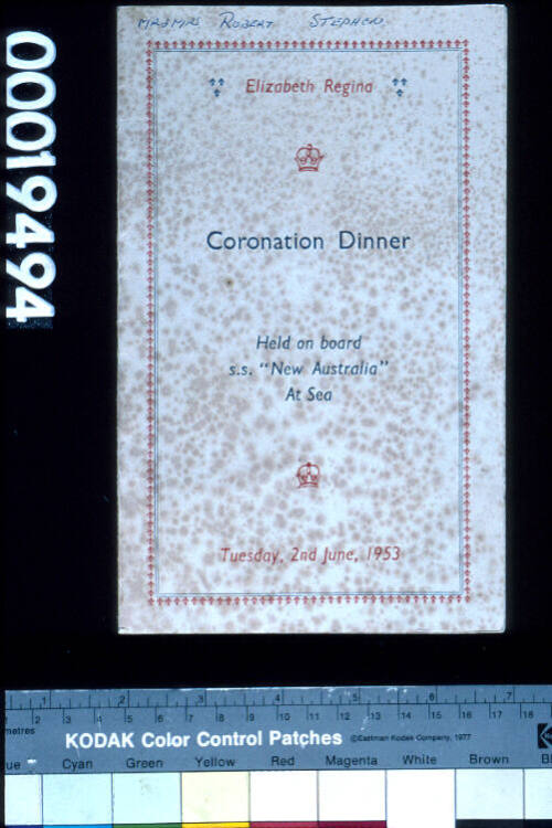 Coronation dinner menu SS NEW AUSTRALIA