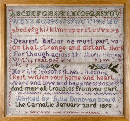 Dearest Matron we must part you - Sampler made onboard the CARNATIC on 23 January 1879