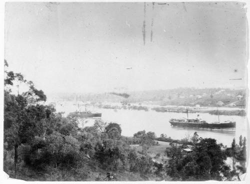 Black and white negative with image of Brisbane River with two sailing ships