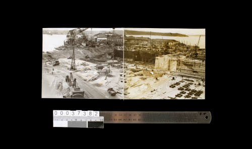 Panorama of dock looking north east showing progress of railway construction