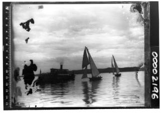 Glass plate negative image of two yachts and a steam ferry on  Sydney Harbour, New South Wales