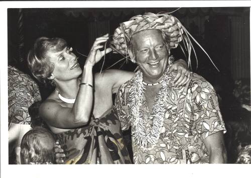 Photograph depicting a couple at a Pacific themed party