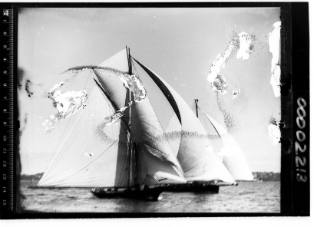 A gaff cutter on Sydney Harbour carrying three head sails