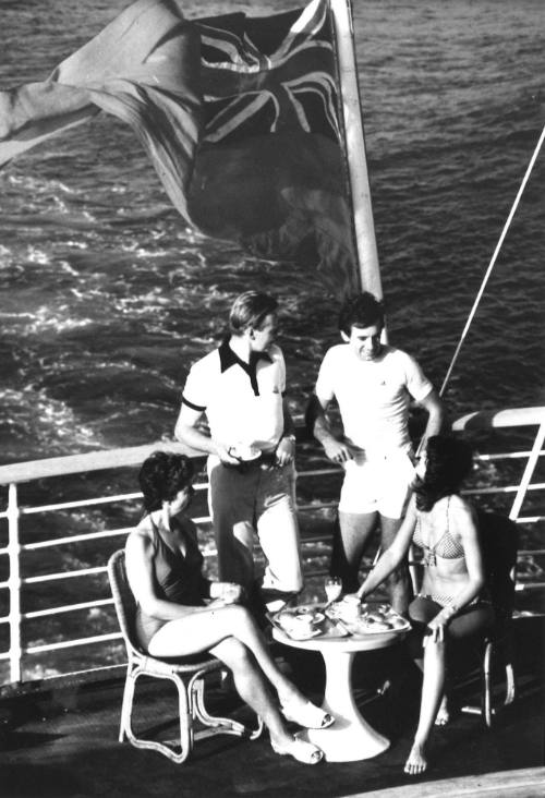 Photograph depicting passengers having breakfast