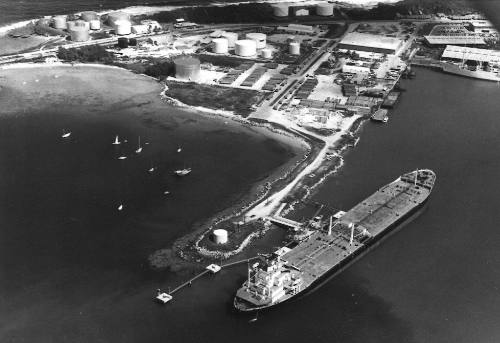 Photograph depicting aerial view of a port