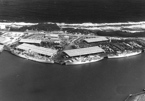 Photograph depicting aerial view of a port