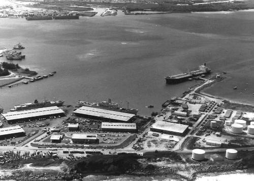 Photograph depicting aerial view of a port