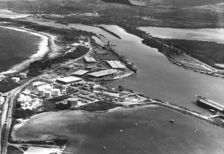 Photograph depicting aerial view of a port