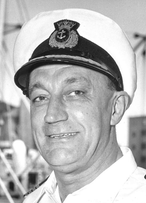 Captain John Plant on the bridge of SS CATHAY