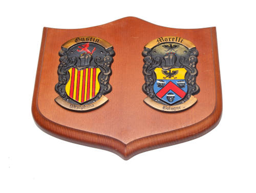 Gustin and Morelli family coat of arms mounted on wooden shield