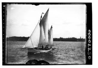 Gaff ketch sailing near Farm Cove, Sydney Harbour, New South Wales