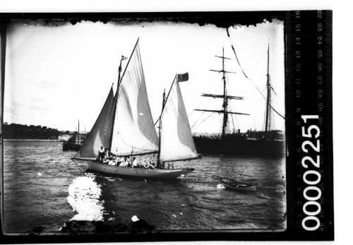 Gaff ketch sailing off Farm cove, Sydney Harbour, New South Wales