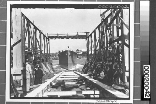 Launch of a Royal Australian Navy ship on 10 March 1940 at Morts Dock, Balmain