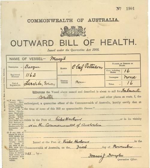 Bill of Health issued to Olaf Petterson from the BARQUE MAGIT