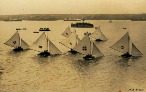 Postcard featuring a photograph of seven skiffs sailing in a group