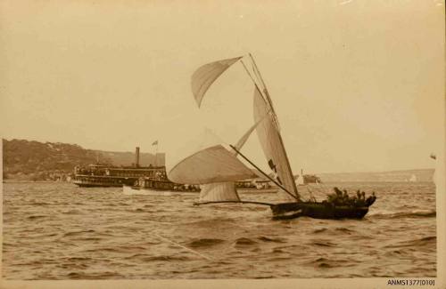 Postcard featuring a photograph of a skiff sailing in the water, with two passenger vessels beside it