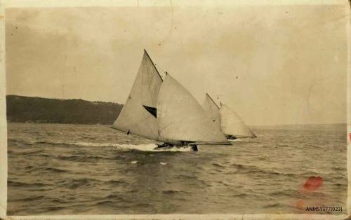 Postcard featuring a black and white photograph of two skiffs sailing side by side