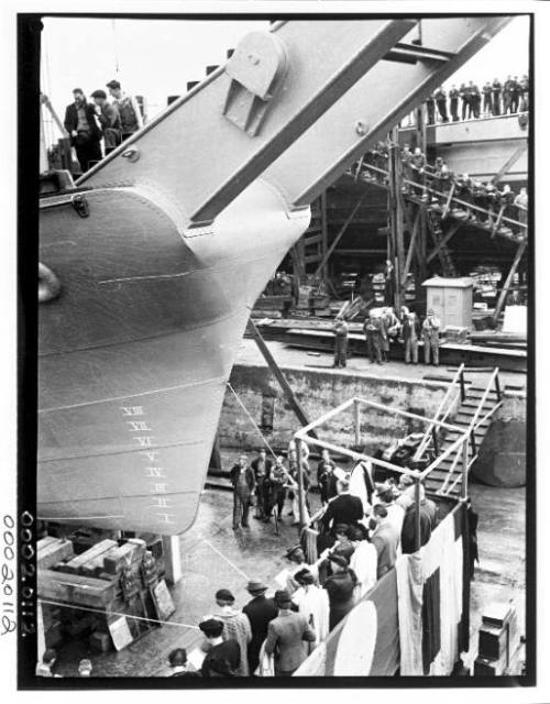 Vessel launch at Cockatoo Dock, Sydney