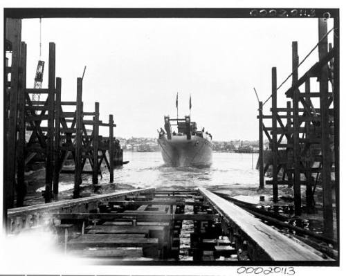 Vessel launching at Cockatoo Dock, Sydney