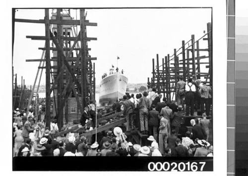 Launching of HMAS WARREGO (II) at Cockatoo dockyard