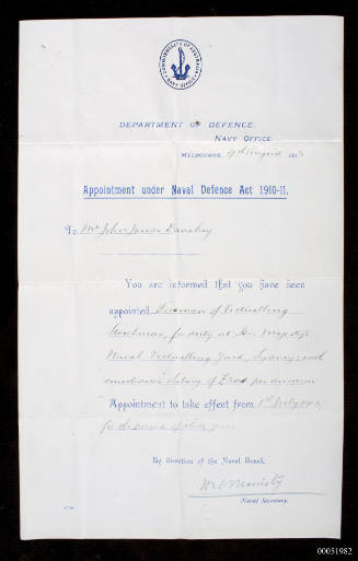 John James Danahay appointed Foreman of Victualling Storehouses to take effect 1 July 1913