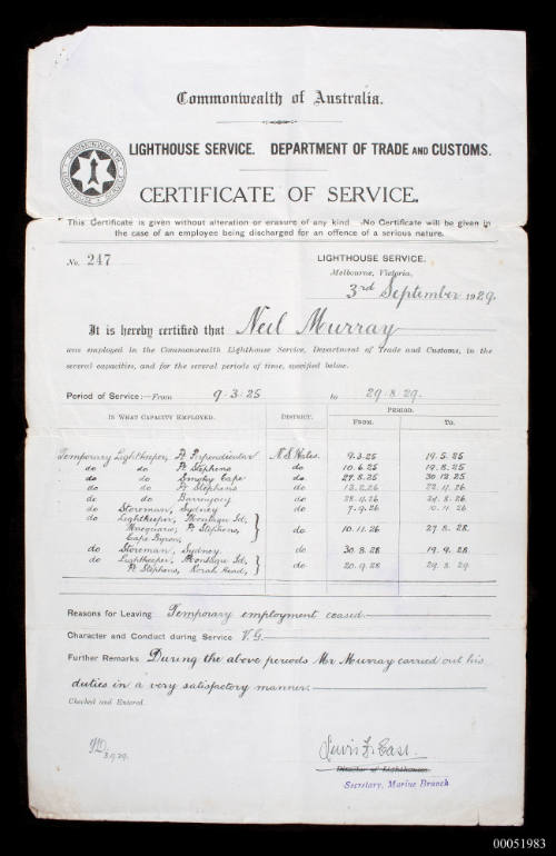 Certificate of Service issued to Neil Murray by the Commonwealth Lighthouse Service, 3 September 1929