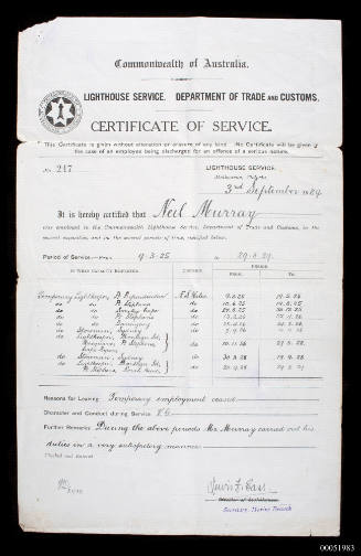 Certificate of Service issued to Neil Murray by the Commonwealth Lighthouse Service, 3 September 1929
