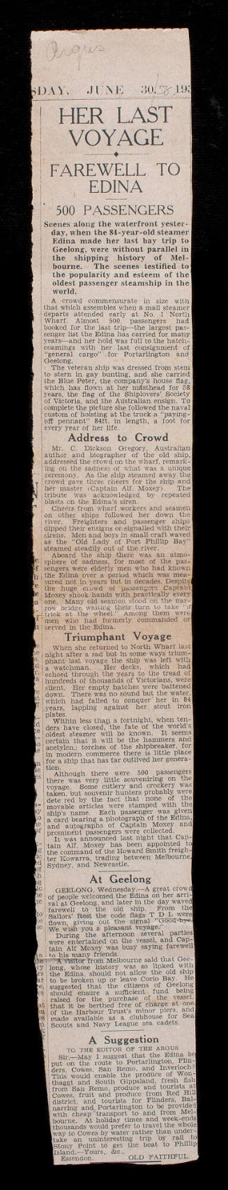 Argus newspaper clipping titled Her last voyage: farewell to EDINA