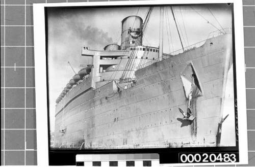 Starboard view of the bow of RMS QUEEN MARY in Sydney Harbour