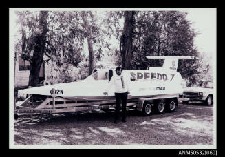 Ken Warby with SPIRIT OF AUSTRALIA on a trailer