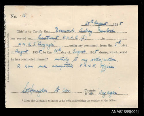 Certificate of service issued to D.A. Menlove from HMAS VOYAGER