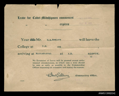 Leave for Cadet Midshipman Desmond Menlove commences 15 December 1921 and expires 2 February 1922