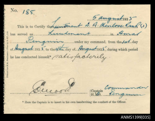 Certificate of service issued to D.A. Menlove from HMAS PENGUIN