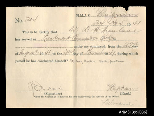 Certificate of service issued to D.A. Menlove from HMAS PENGUIN