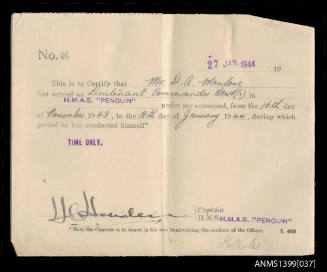 Certificate of service issued to D.A. Menlove from HMAS PENGUIN