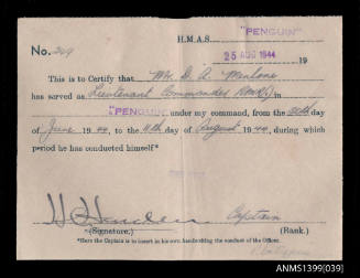 Certificate of service issued to D.A. Menlove from HMAS PENGUIN