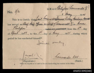 Certificate of service issued to D.A. Menlove from HMAS PLATYPUS