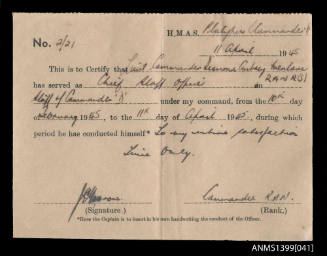 Certificate of service issued to D.A. Menlove from HMAS PLATYPUS