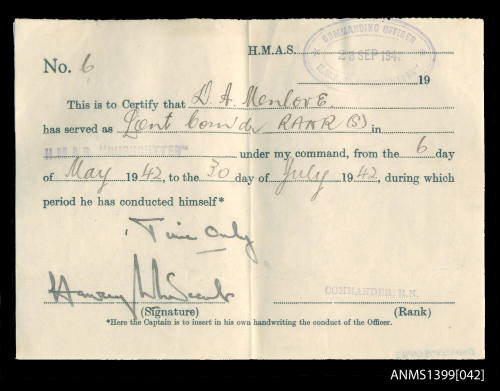 Certificate of service issued to D.A. Menlove from HMAS RUSHCUTTER