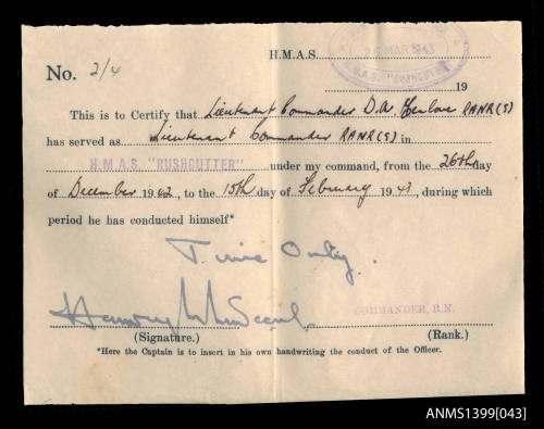 Certificate of service issued to D.A. Menlove from HMAS RUSHCUTTER