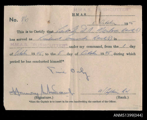 Certificate of service issued to D.A. Menlove from HMAS RUSHCUTTER