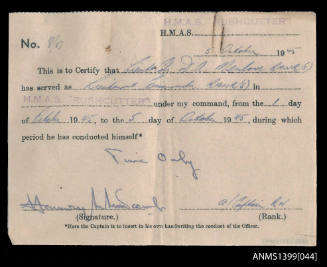 Certificate of service issued to D.A. Menlove from HMAS RUSHCUTTER