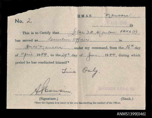 Certificate of service issued to D.A. Menlove from HMAS MANOORA