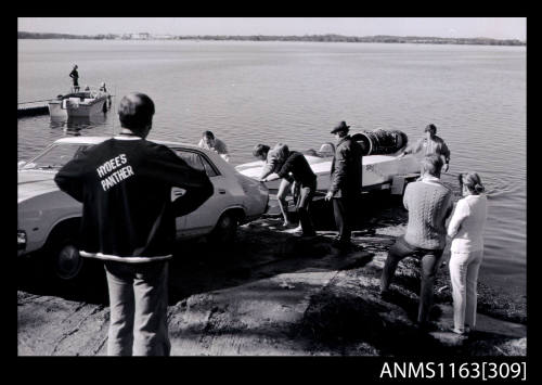 Negative depicting SPIRIT OF AUSTRALIA being launched at Lake Munmorah