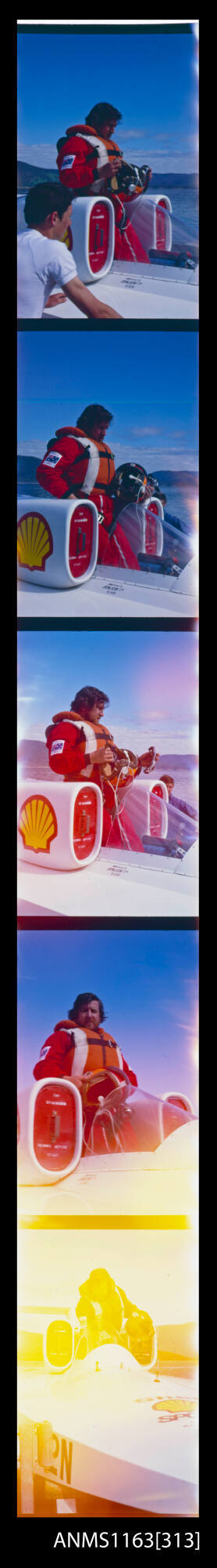 Strip of transparencies depicting Ken Warby in cockpit of SPIRIT OF AUSTRALIA