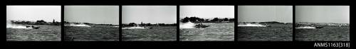 Strip of negatives depicting a power boat at high speed