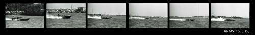 Strip of negatives depicting a power boat being repaired