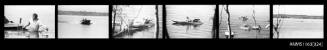 Strip of negatives depicting a man in water with mooring rope