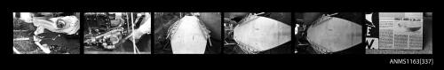 Strip of negatives depicting Ken Warby working on the jet engine of SPIRIT OF AUSTRALIA