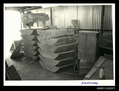 The timber formwork marine plywood assembled and stacked ready for installation into fibreglass boat hulls